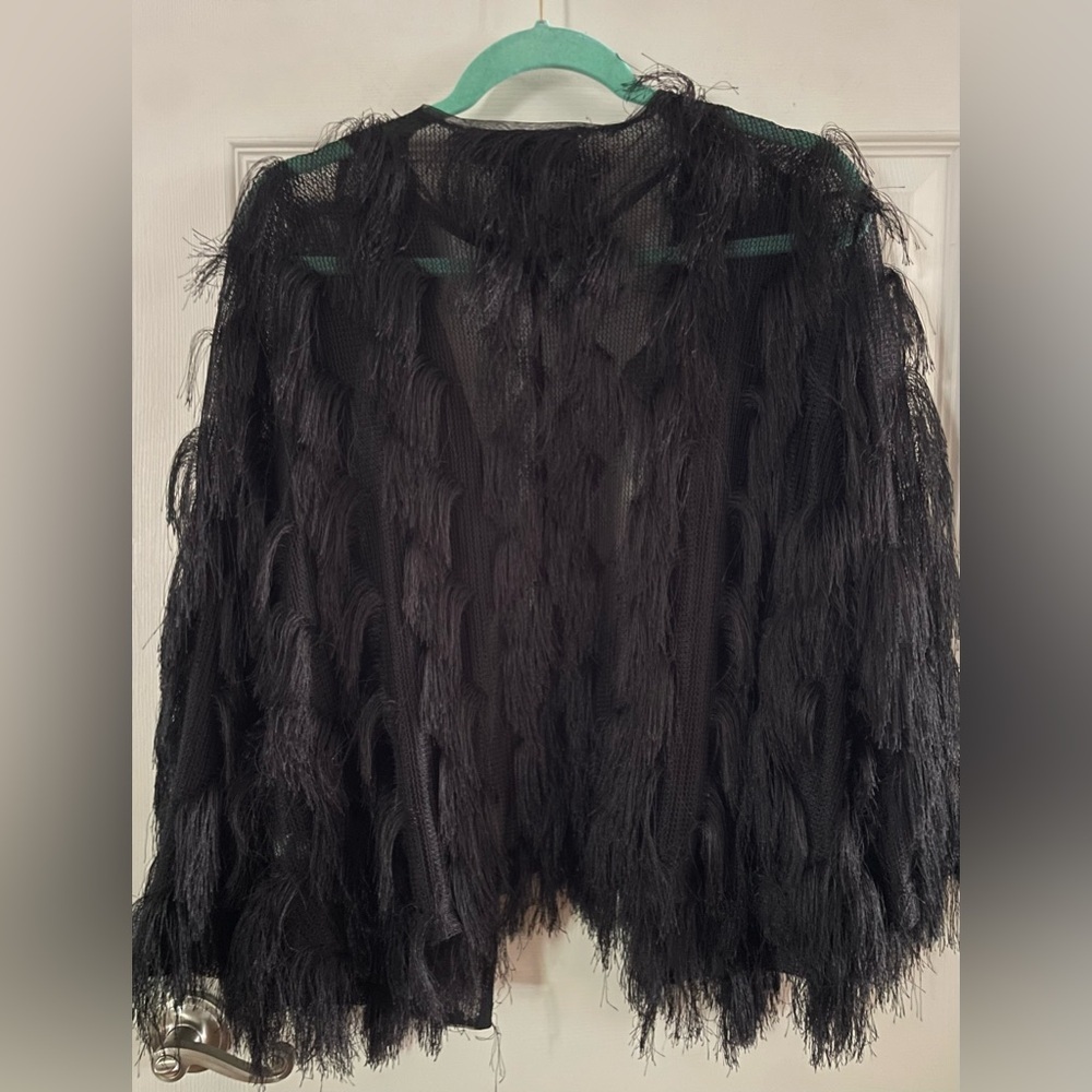 Colleen Lopez Black Fringe Open-Front Cardigan Large - Picture 2 of 4